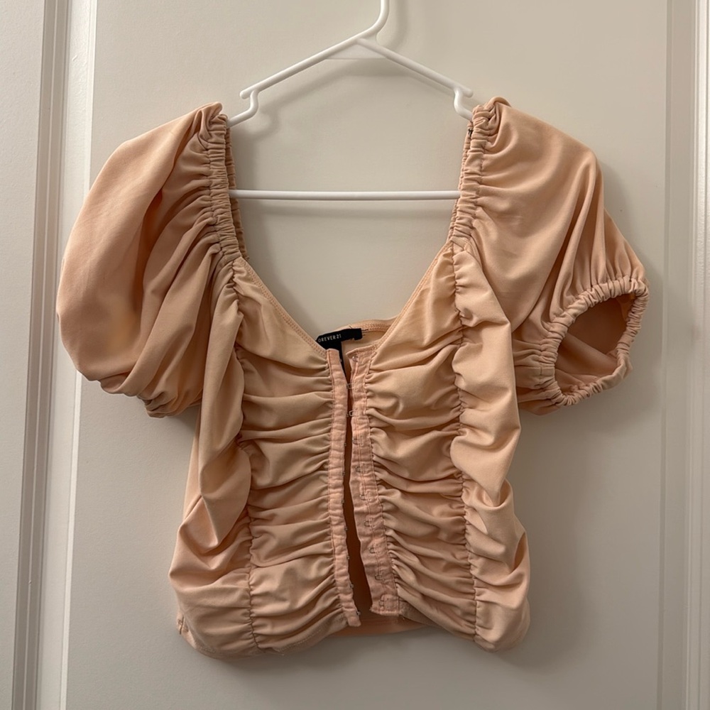 Peach Ruched Crop Top with Puff Sleeves